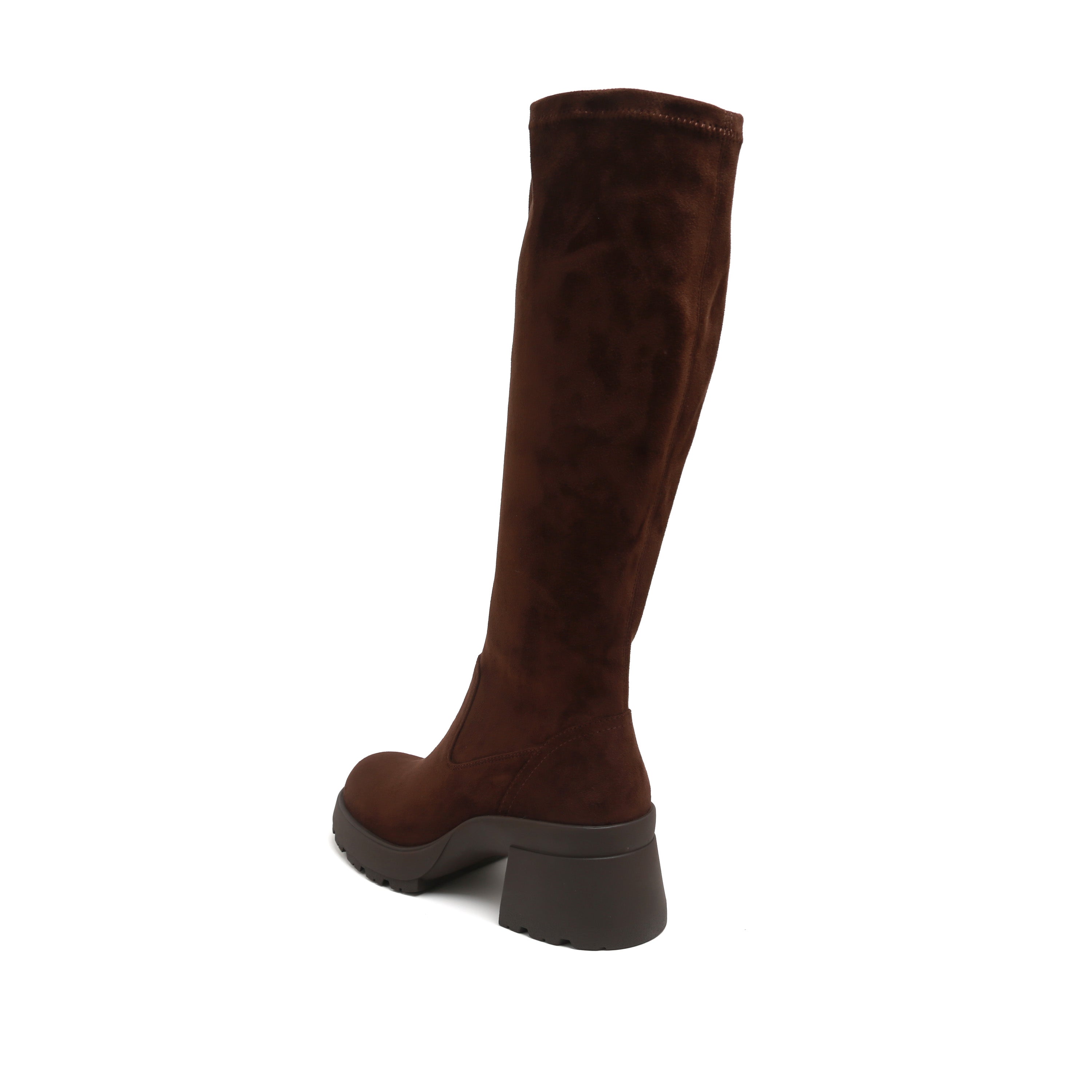 Dark Brown Stretch Silk Knee-High Block Heel Boots