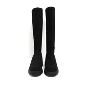 Black Stretch Silk Knee-High Block Heel Boots