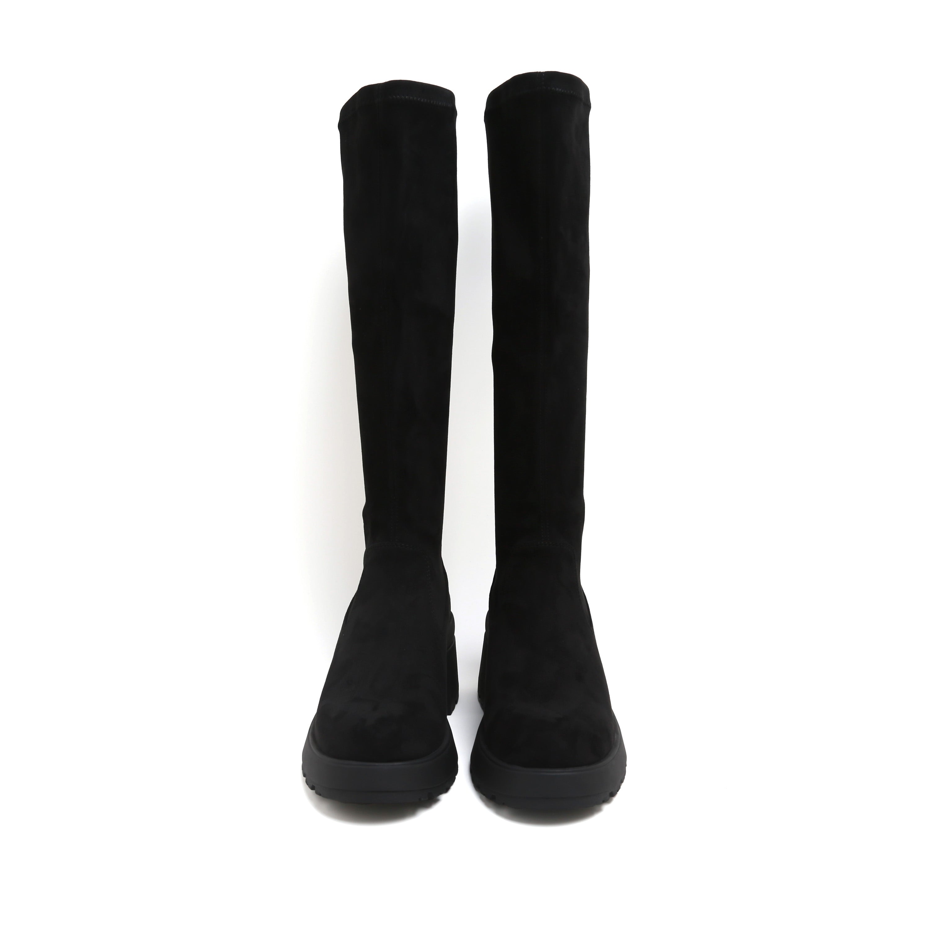 Black Stretch Silk Knee-High Block Heel Boots