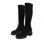 Black Stretch Silk Knee-High Block Heel Boots