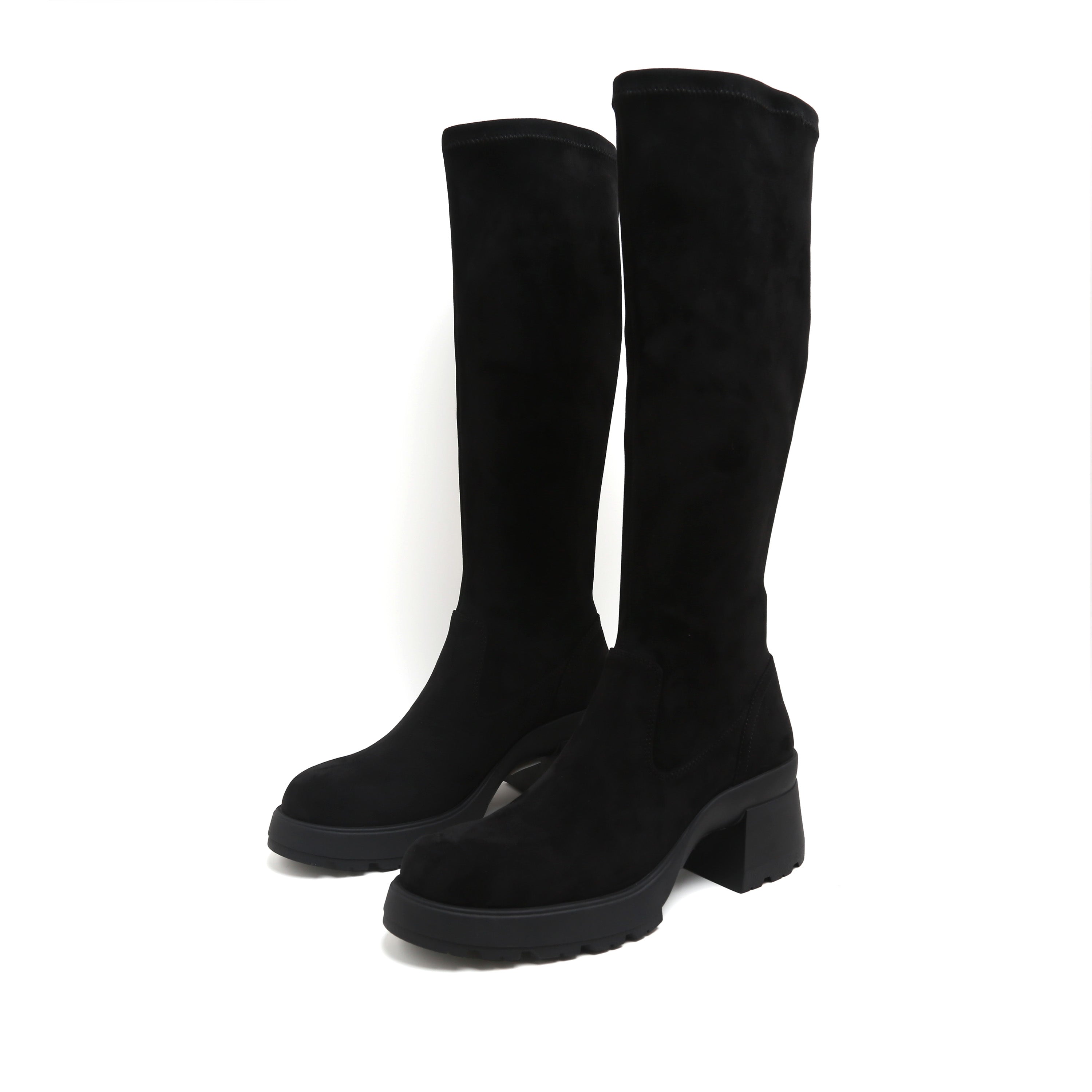 Black Stretch Silk Knee-High Block Heel Boots
