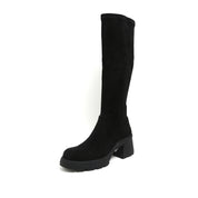 Black Stretch Silk Knee-High Block Heel Boots