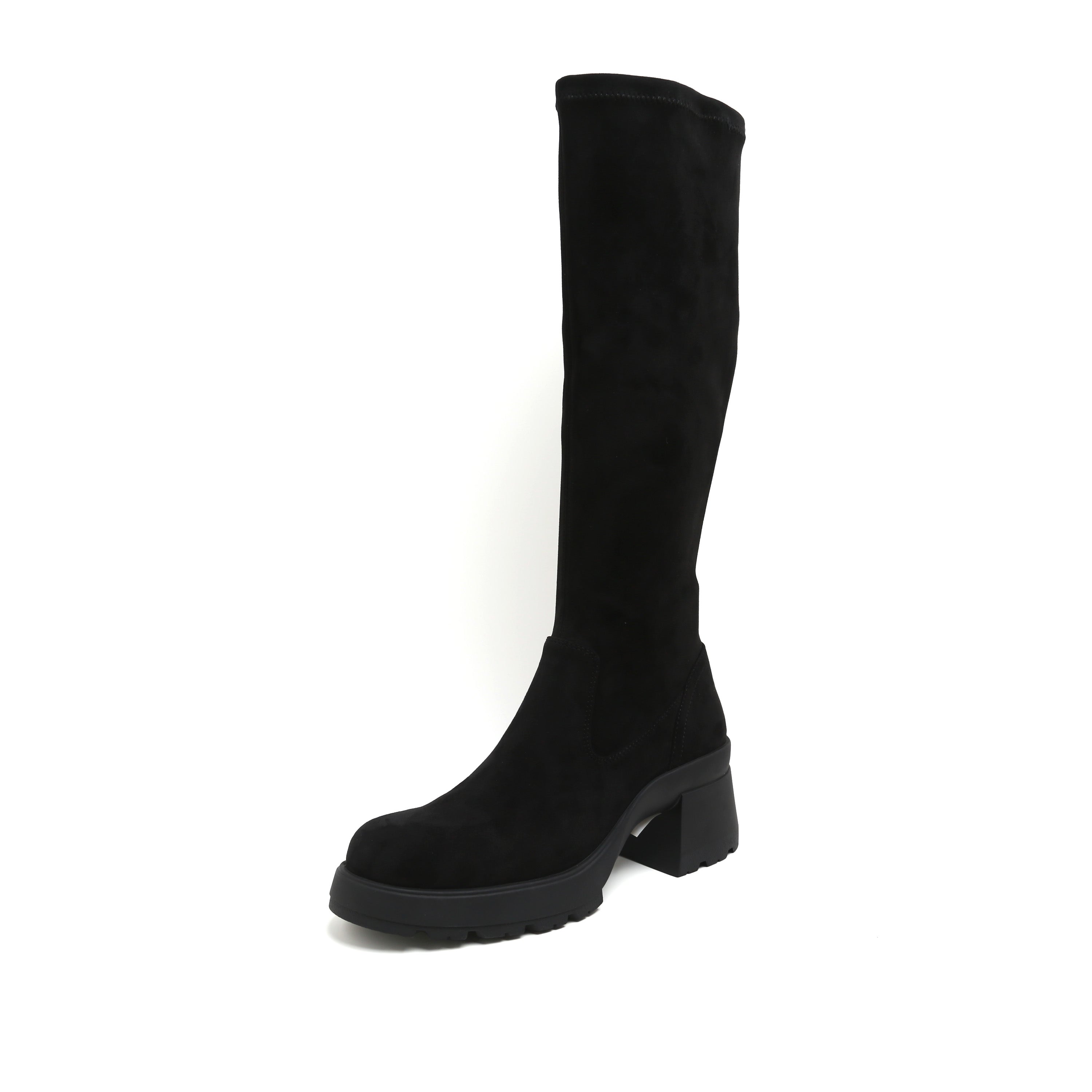 Black Stretch Silk Knee-High Block Heel Boots