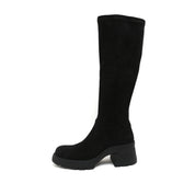 Black Stretch Silk Knee-High Block Heel Boots