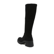 Black Stretch Silk Knee-High Block Heel Boots