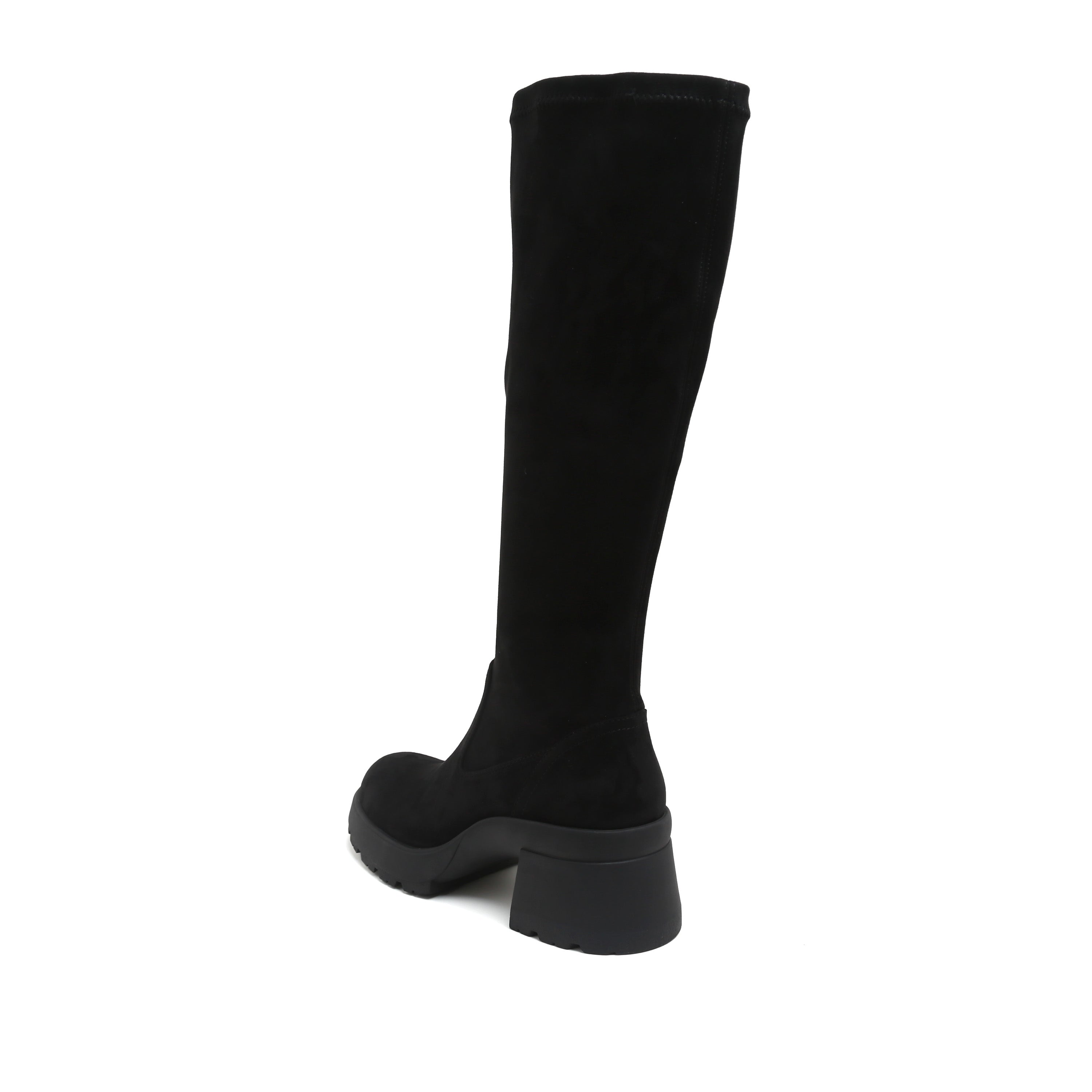 Black Stretch Silk Knee-High Block Heel Boots
