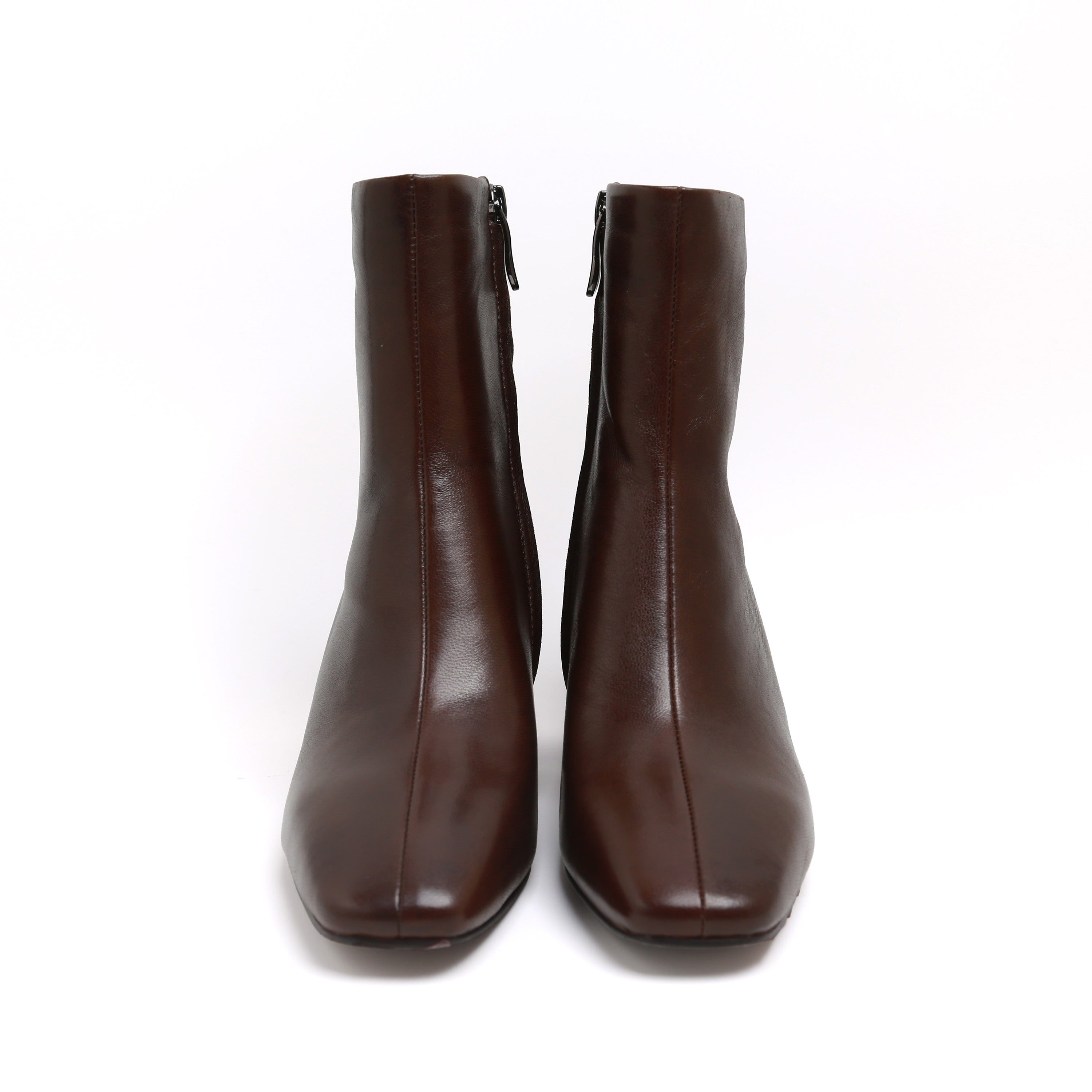 Brown Leather Square-Toe Block Heel Boots