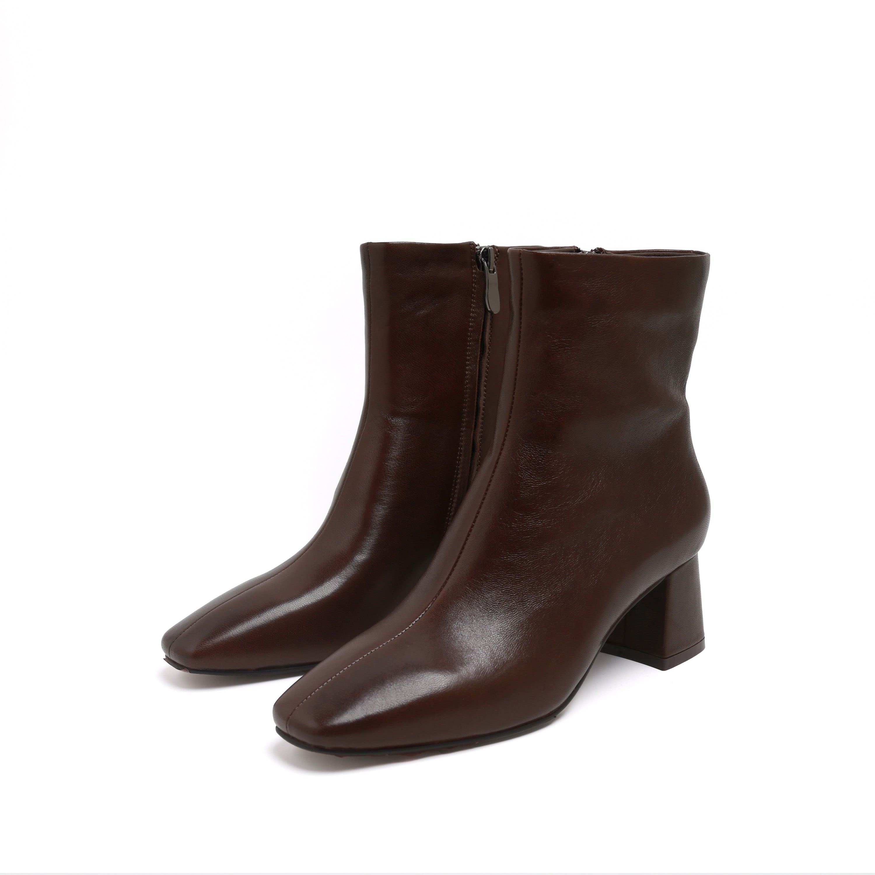 Brown Leather Square-Toe Block Heel Boots