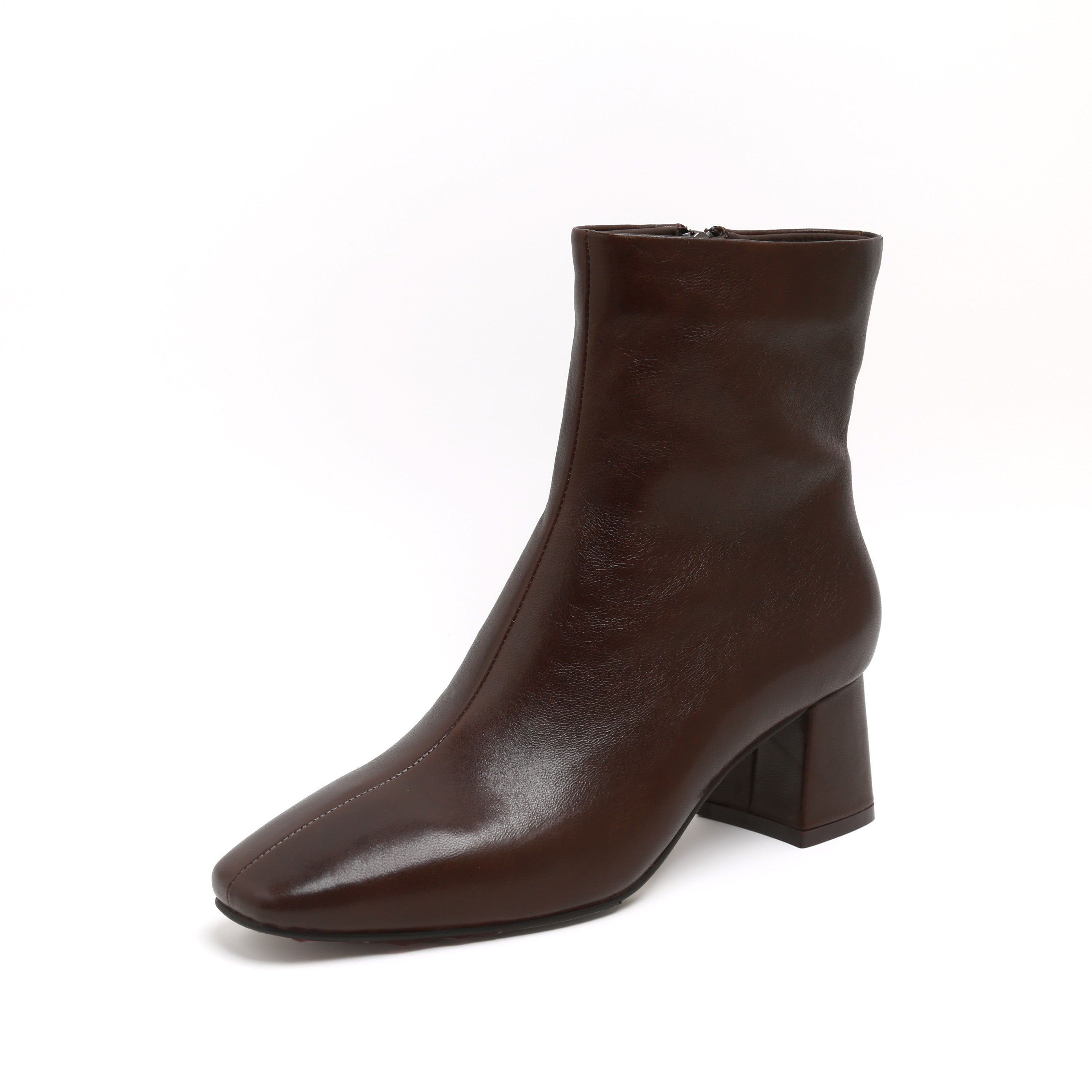 Brown Leather Square-Toe Block Heel Boots