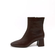 Brown Leather Square-Toe Block Heel Boots