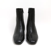 Black Leather Square-Toe Block Heel Boots