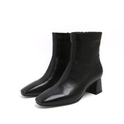 Black Leather Square-Toe Block Heel Boots