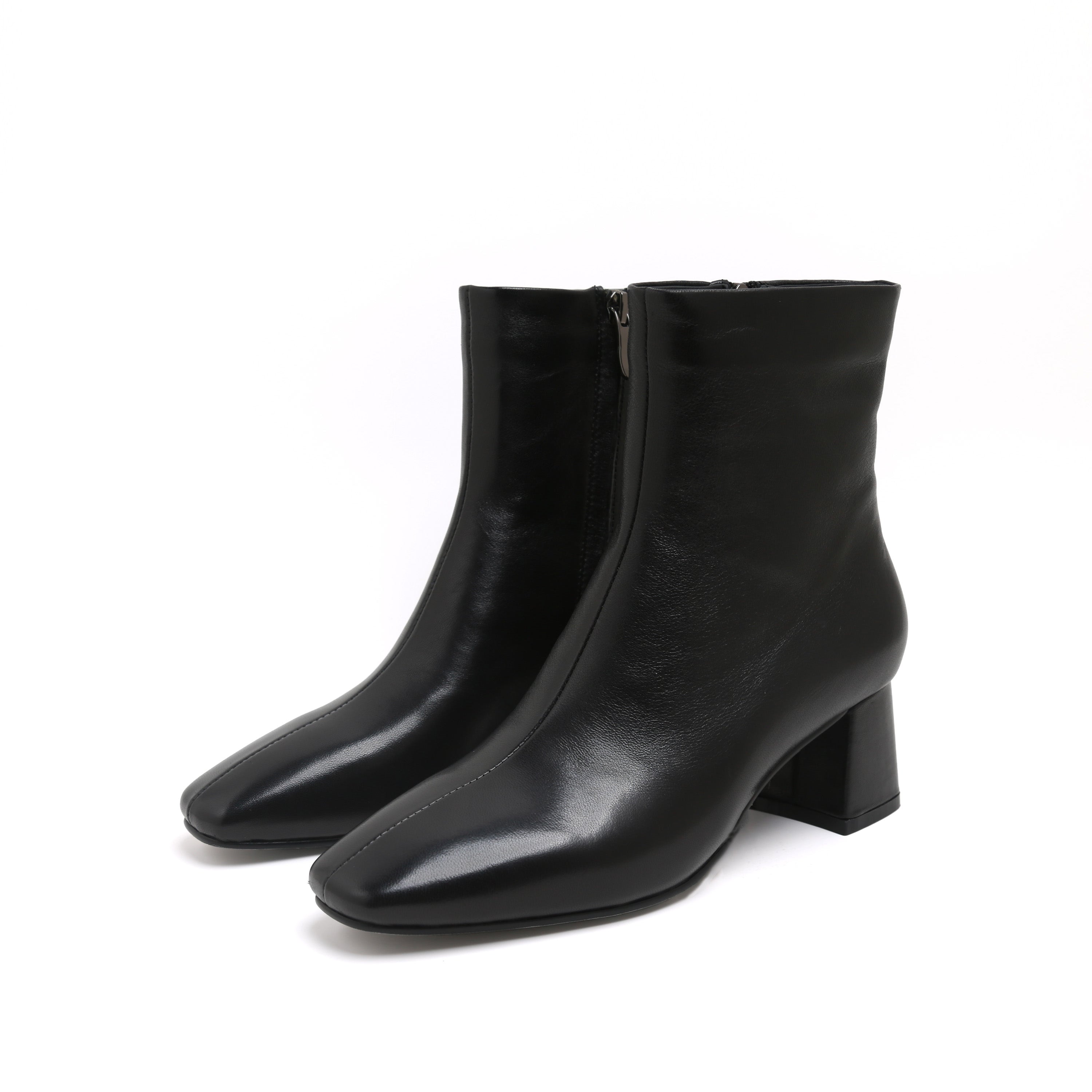 Black Leather Square-Toe Block Heel Boots