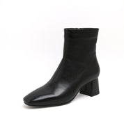 Black Leather Square-Toe Block Heel Boots