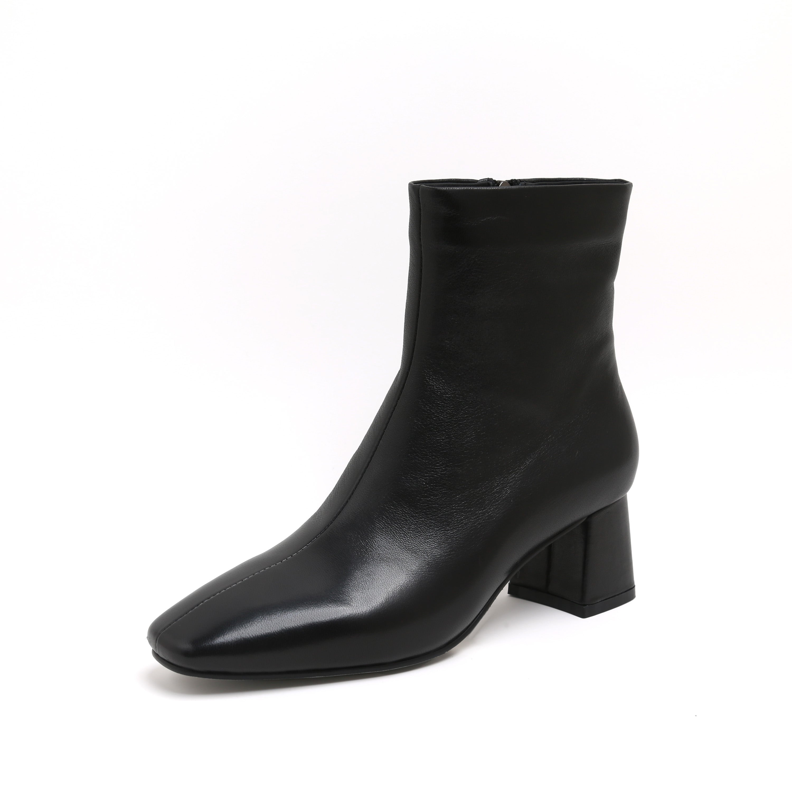 Black Leather Square-Toe Block Heel Boots