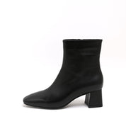 Black Leather Square-Toe Block Heel Boots