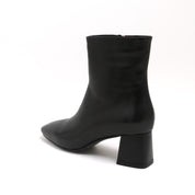 Black Leather Square-Toe Block Heel Boots