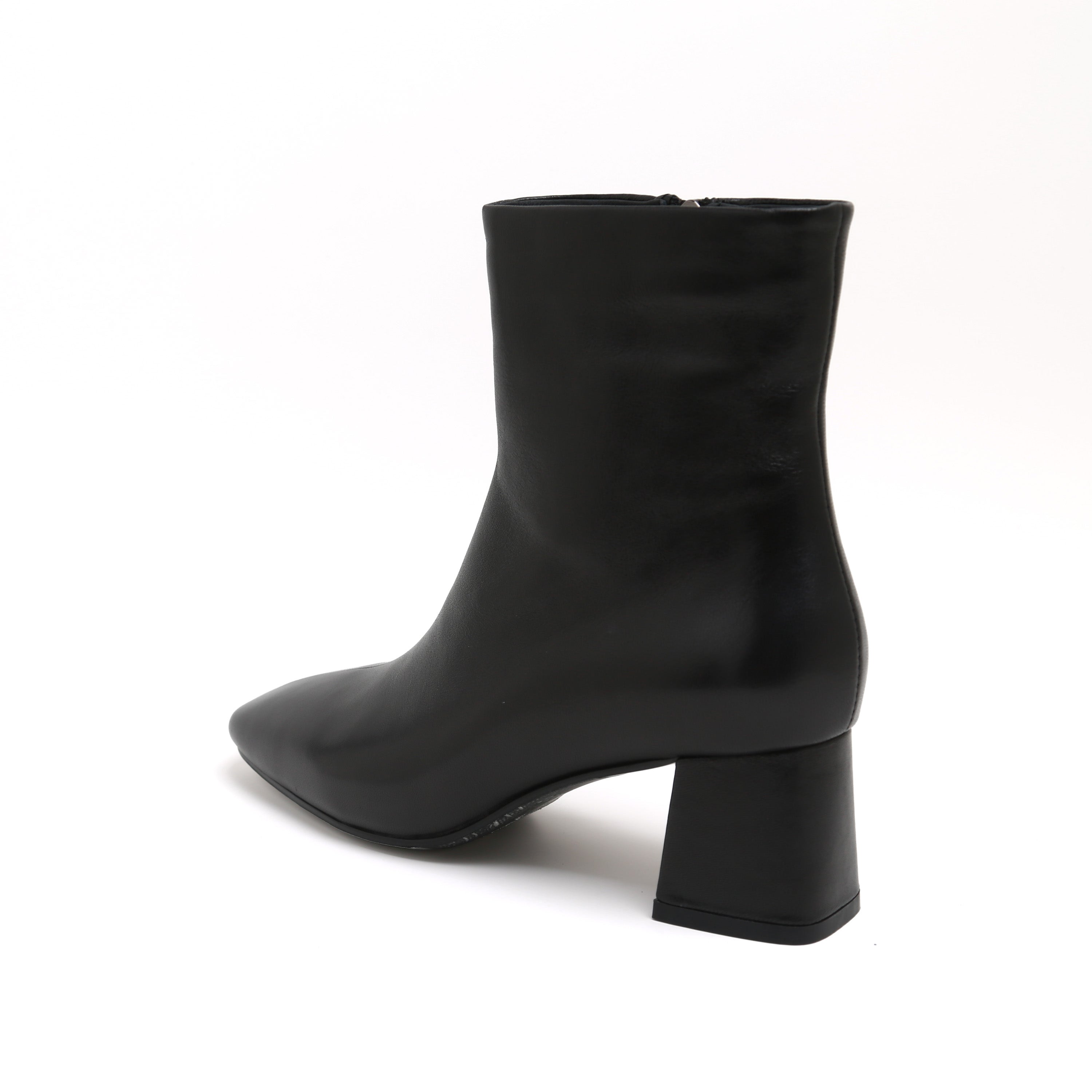 Black Leather Square-Toe Block Heel Boots