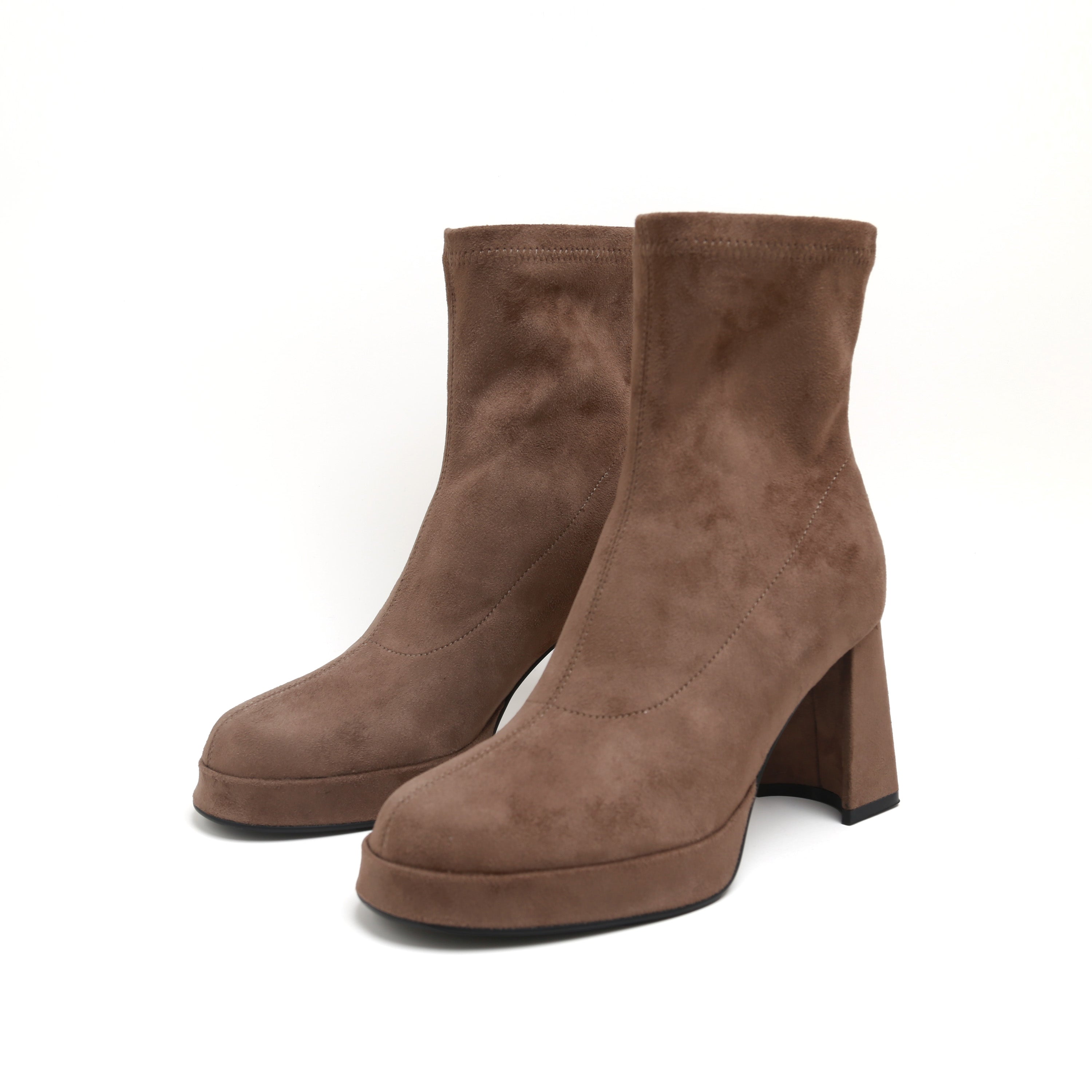 Khaki Suede Platform Stretch Block Heel Sock Boots