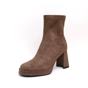 Khaki Suede Platform Stretch Block Heel Sock Boots