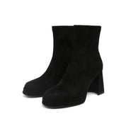 Black Suede Platform Stretch Block Heel Sock Boots