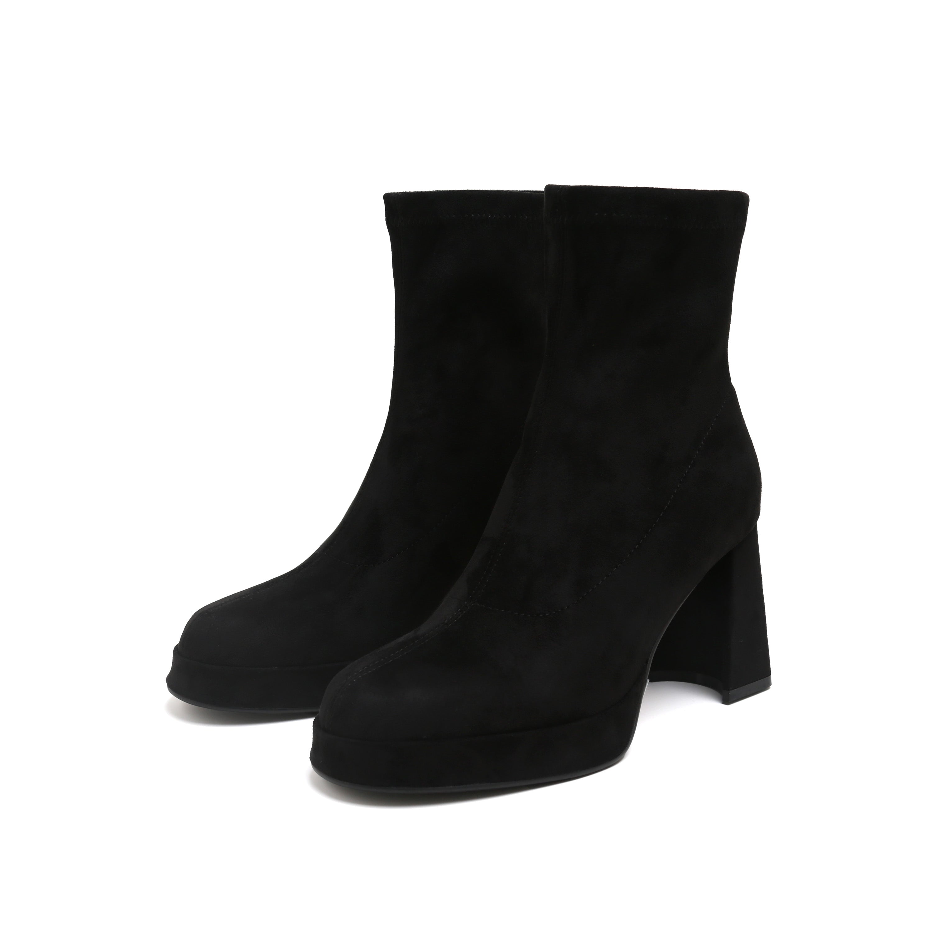 Black Suede Platform Stretch Block Heel Sock Boots