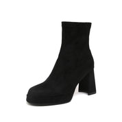 Black Suede Platform Stretch Block Heel Sock Boots