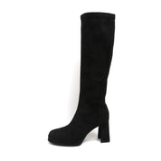 Black Suede Platform Stretch Block Heel Knee-High Boots