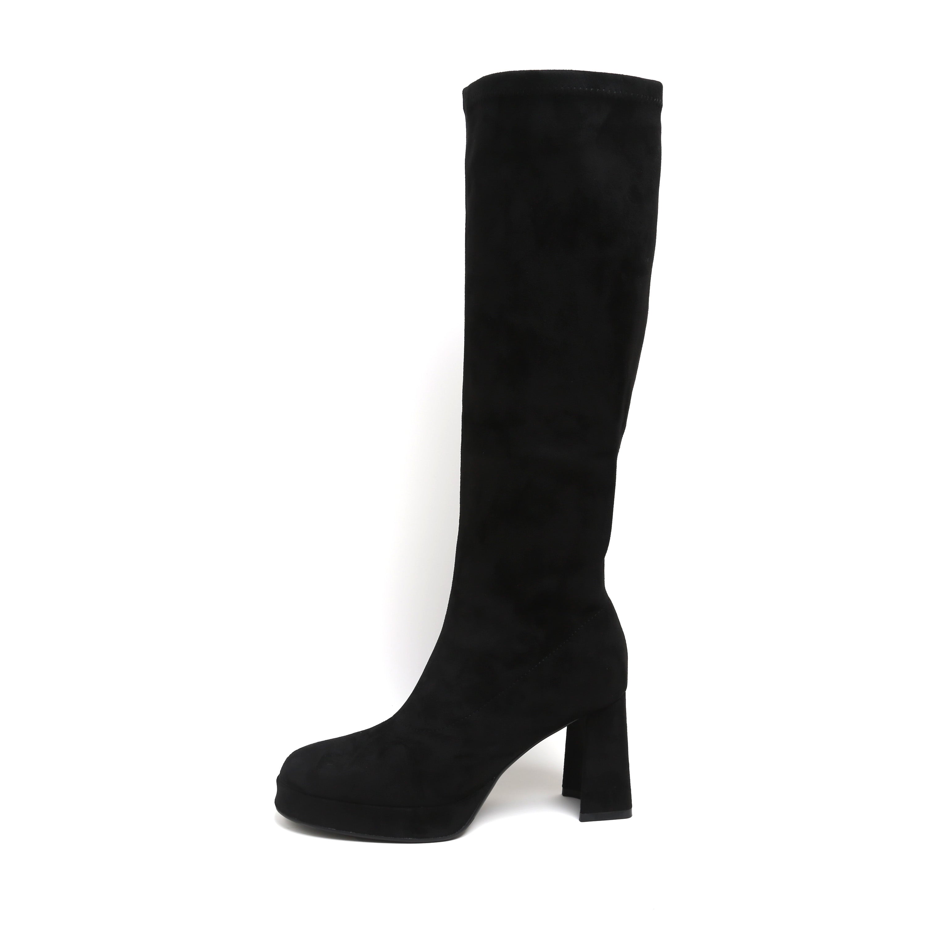 Black Suede Platform Stretch Block Heel Knee-High Boots