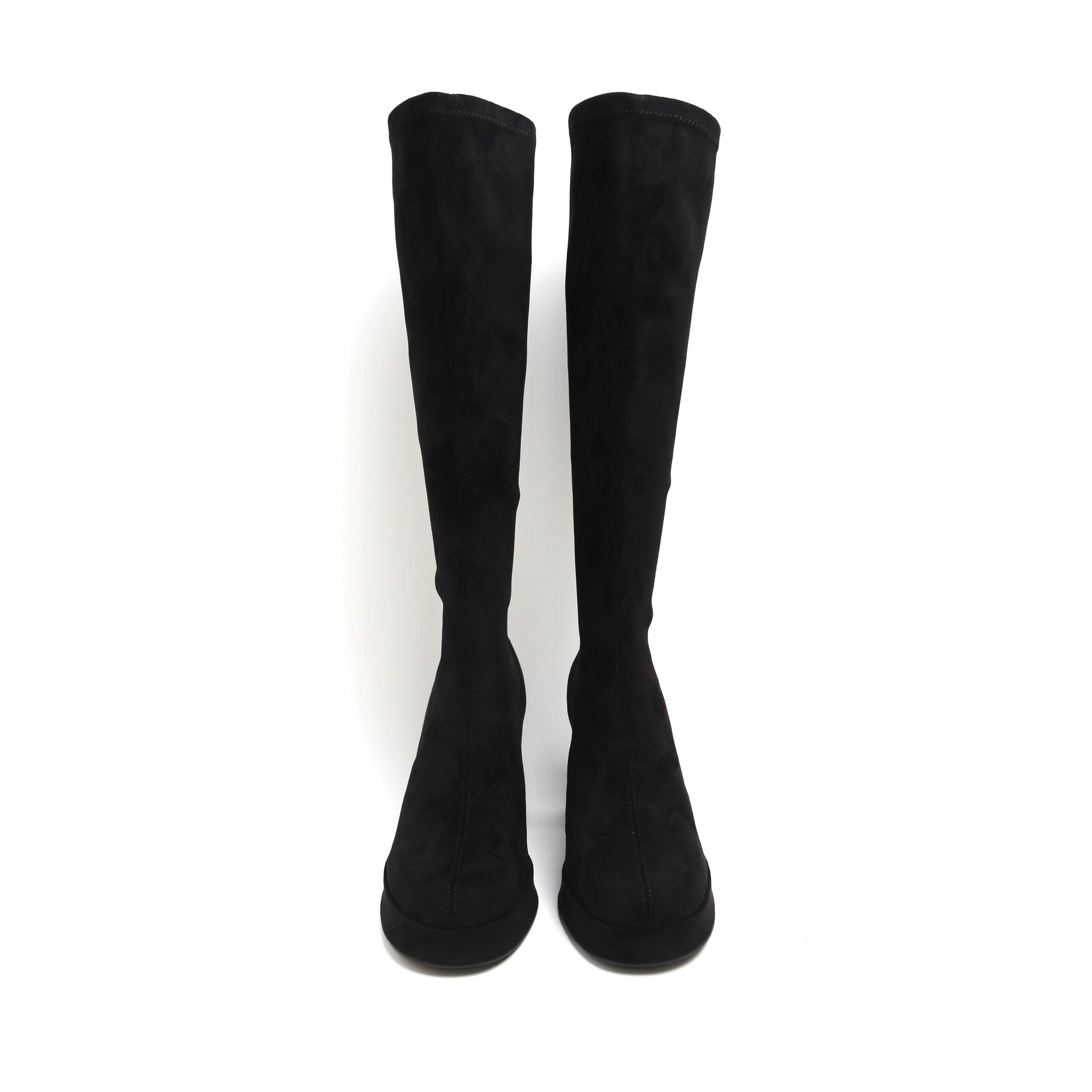 Black Suede Platform Stretch Block Heel Knee-High Boots