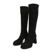 Black Suede Platform Stretch Block Heel Knee-High Boots