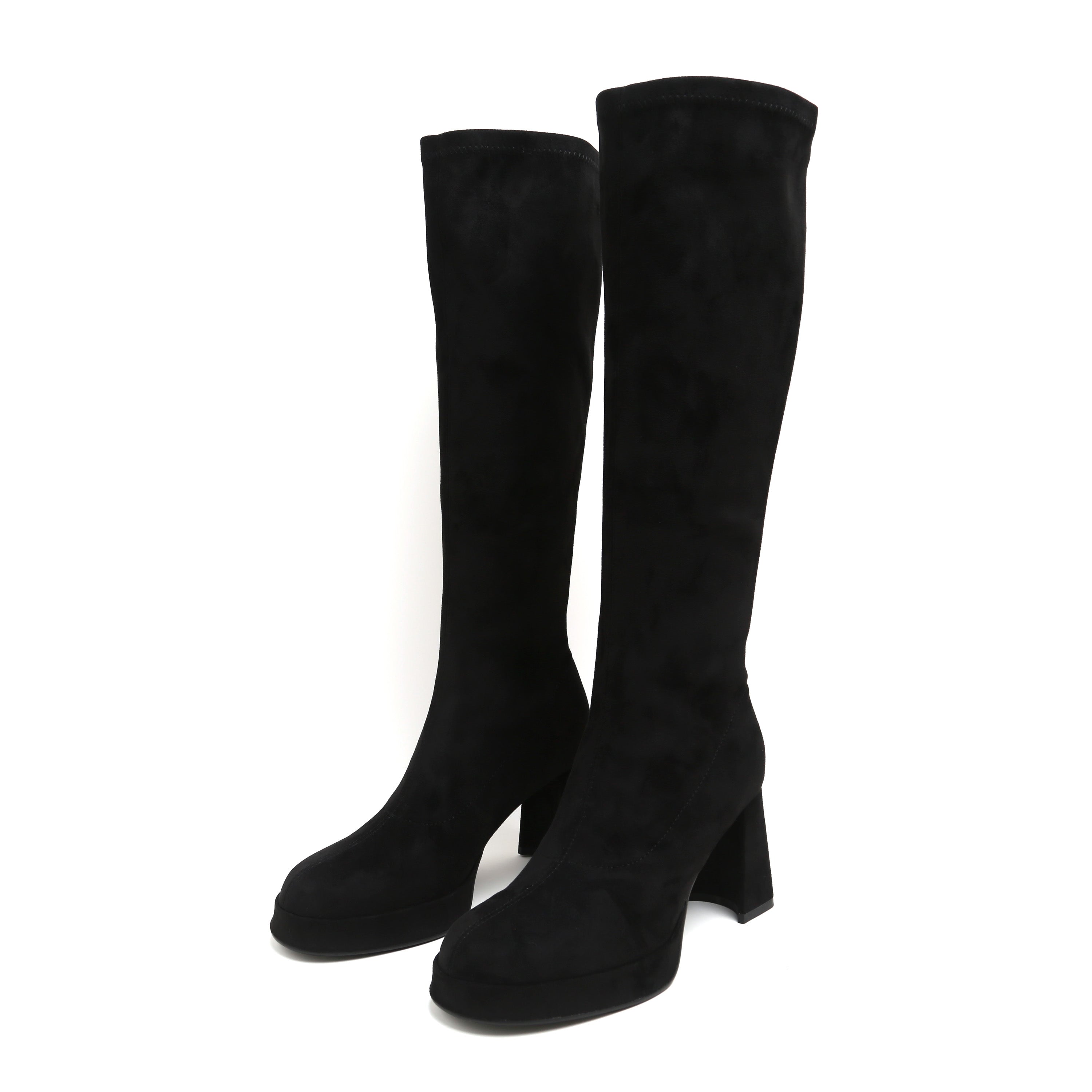 Black Suede Platform Stretch Block Heel Knee-High Boots