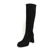 Black Suede Platform Stretch Block Heel Knee-High Boots
