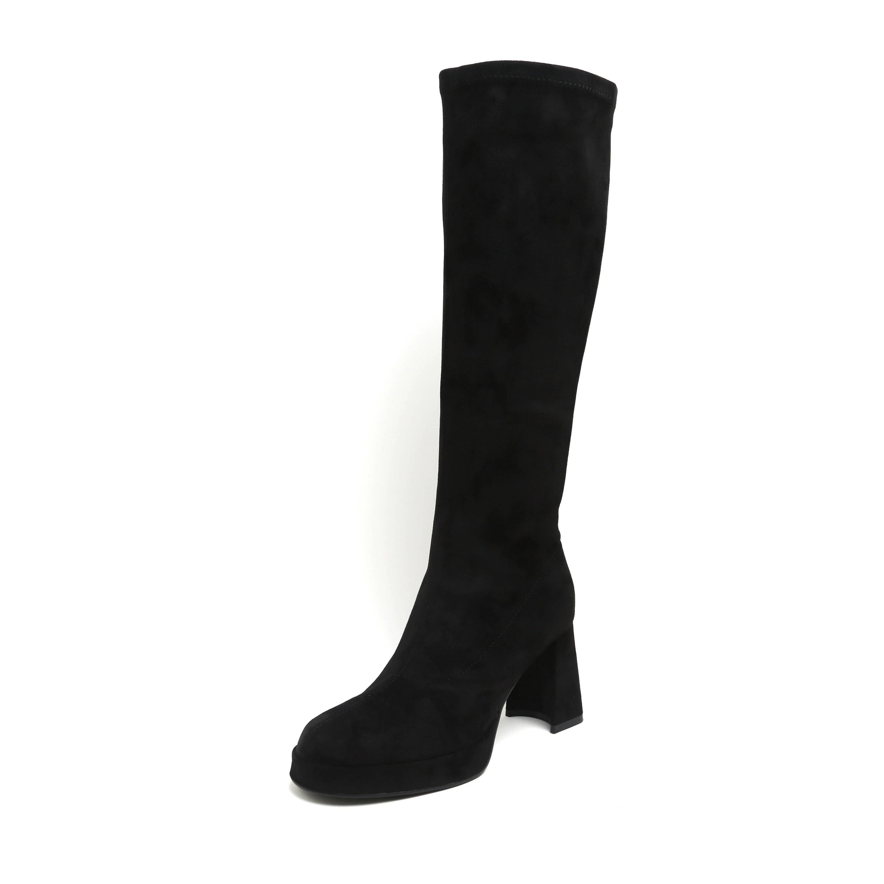 Black Suede Platform Stretch Block Heel Knee-High Boots