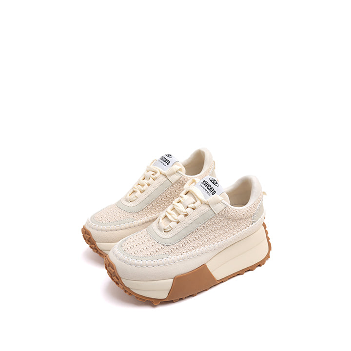 Beige Woven Knit Platform Sneakers