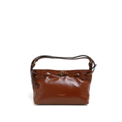 [MIMI] Brown Leather Drawstring Shoulder Bag with Buckle Detail