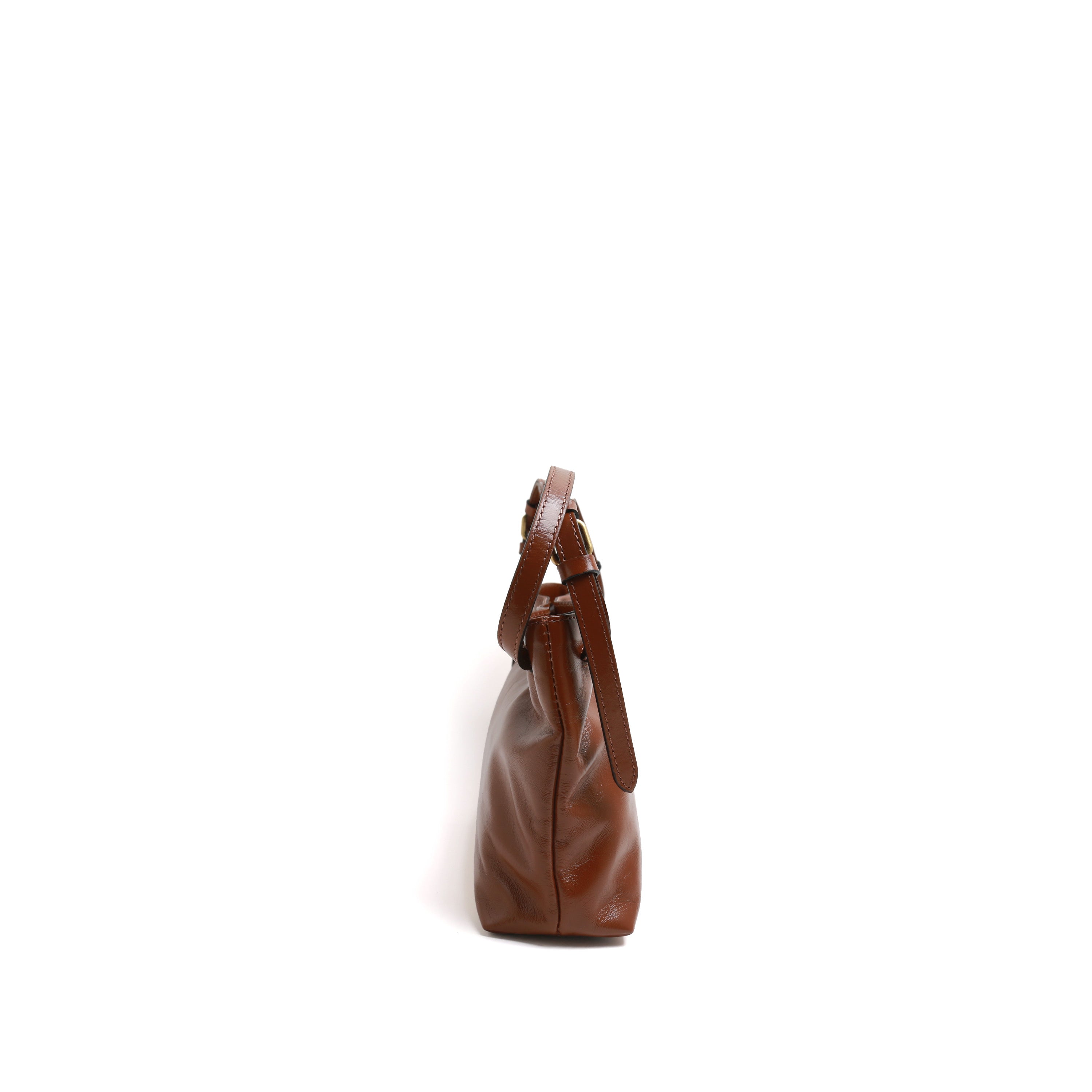 [MIMI] Brown Leather Drawstring Shoulder Bag with Buckle Detail