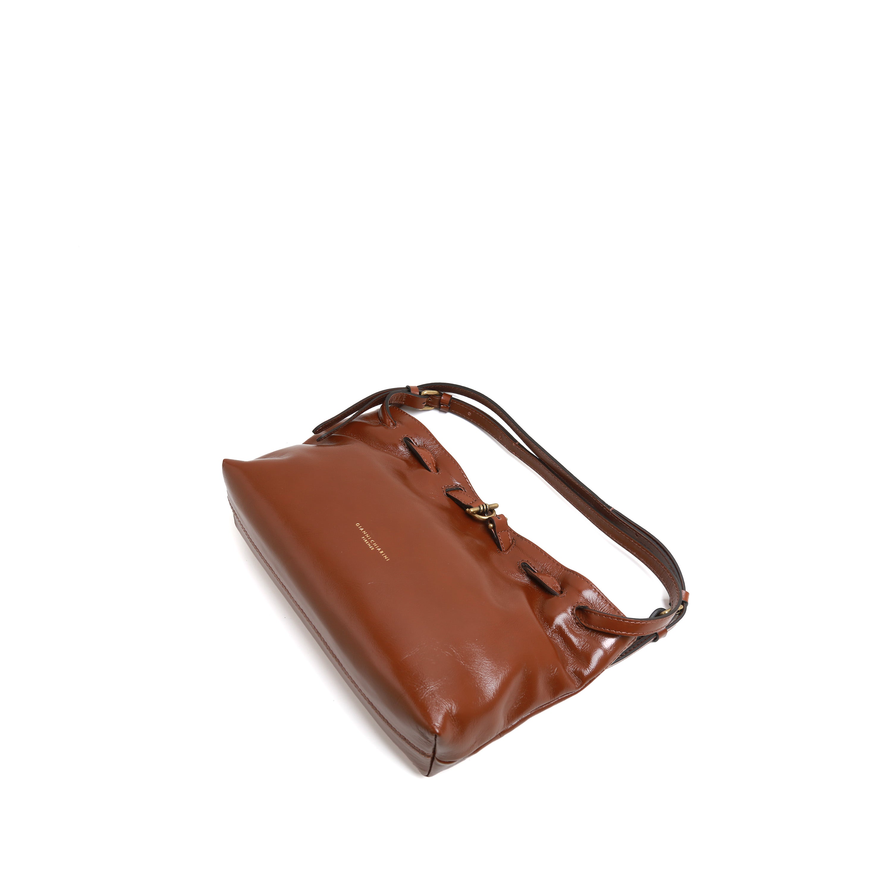[MIMI] Brown Leather Drawstring Shoulder Bag with Buckle Detail
