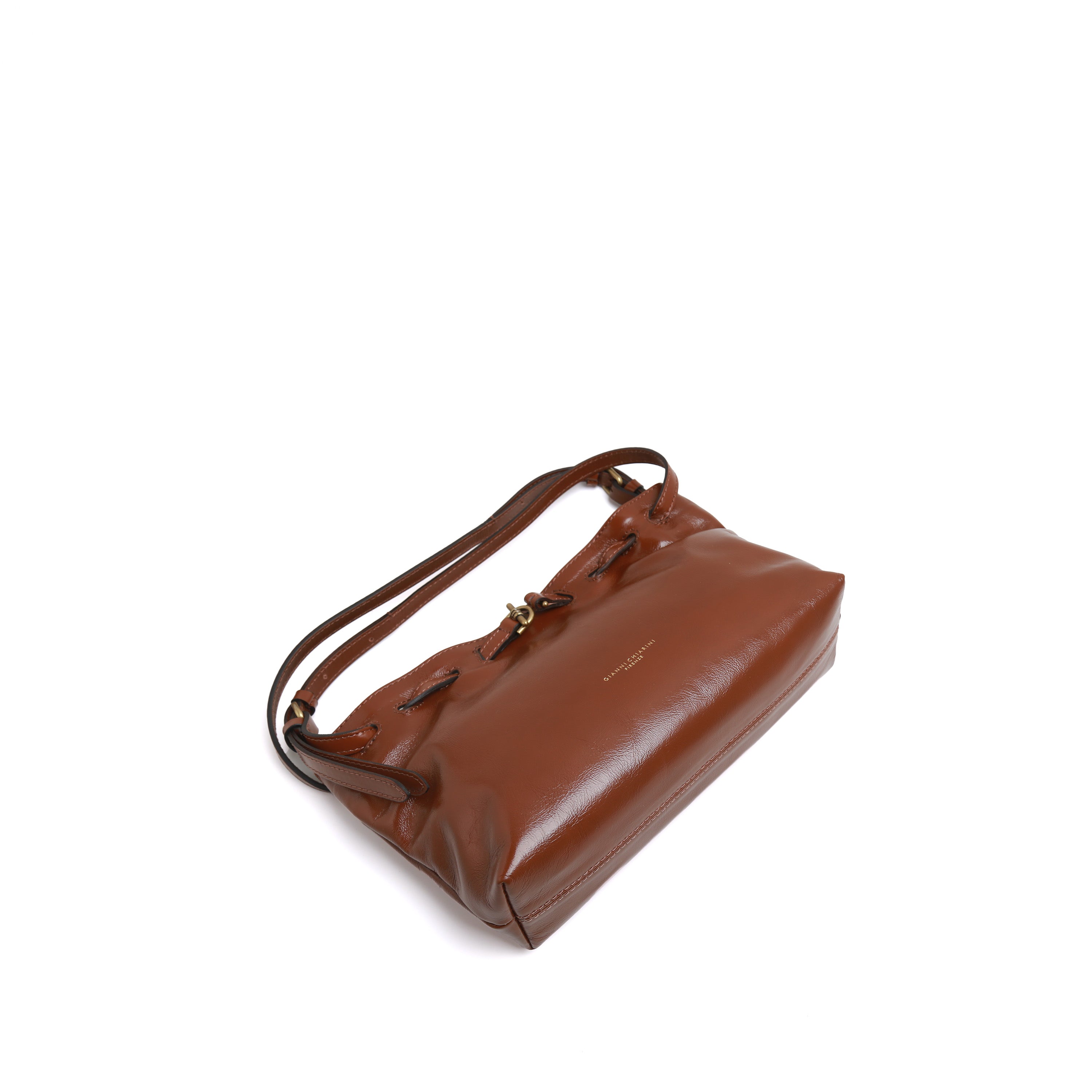 [MIMI] Brown Leather Drawstring Shoulder Bag with Buckle Detail