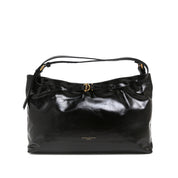 [MIMI] Black Leather Drawstring Shoulder Bag with Buckle Detail