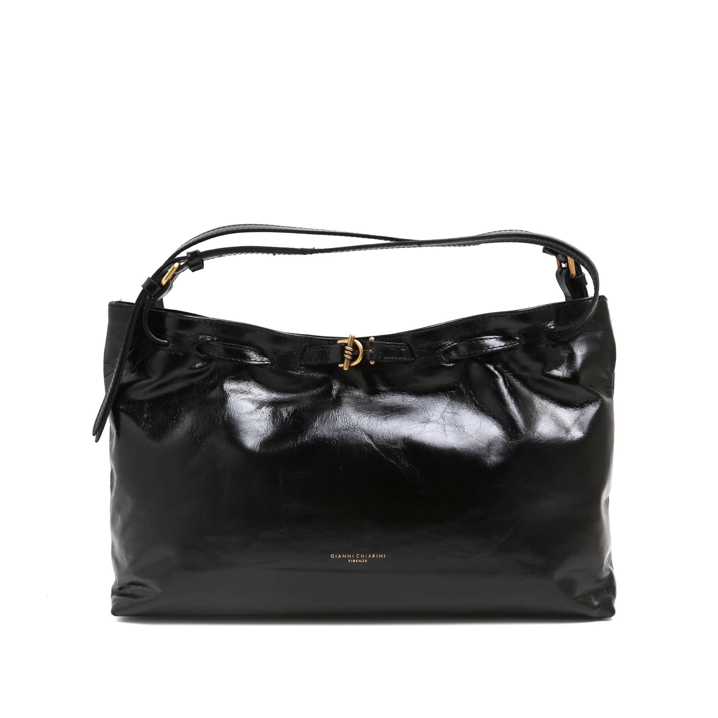 [MIMI] Black Leather Drawstring Shoulder Bag with Buckle Detail