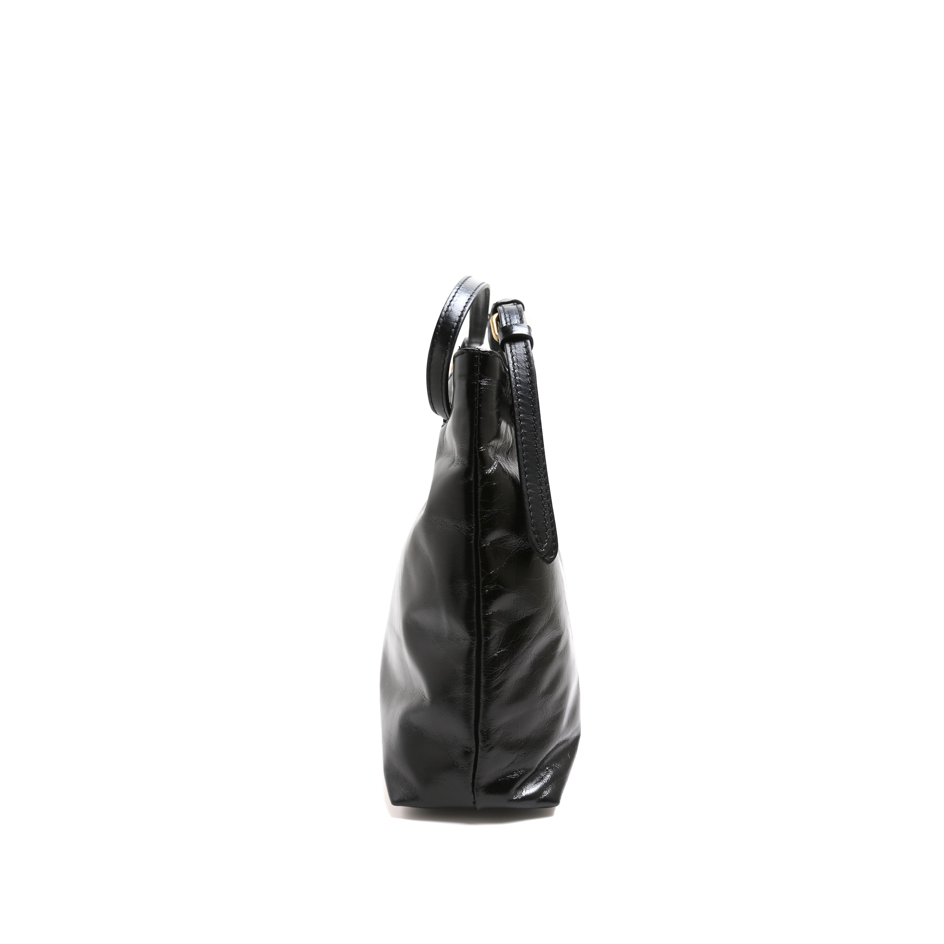 [MIMI] Black Leather Drawstring Shoulder Bag with Buckle Detail
