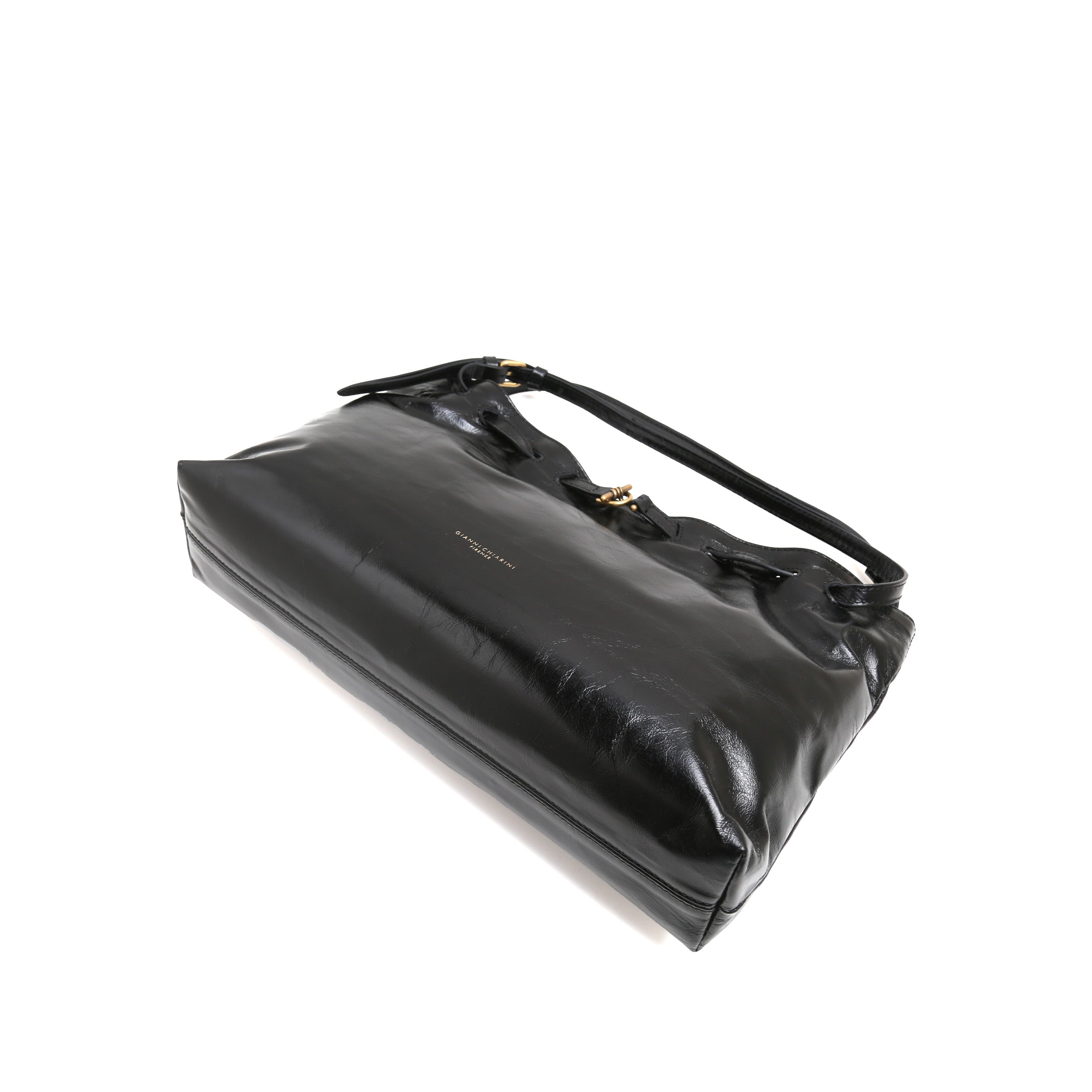 [MIMI] Black Leather Drawstring Shoulder Bag with Buckle Detail