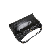[MIMI] Black Leather Drawstring Shoulder Bag with Buckle Detail