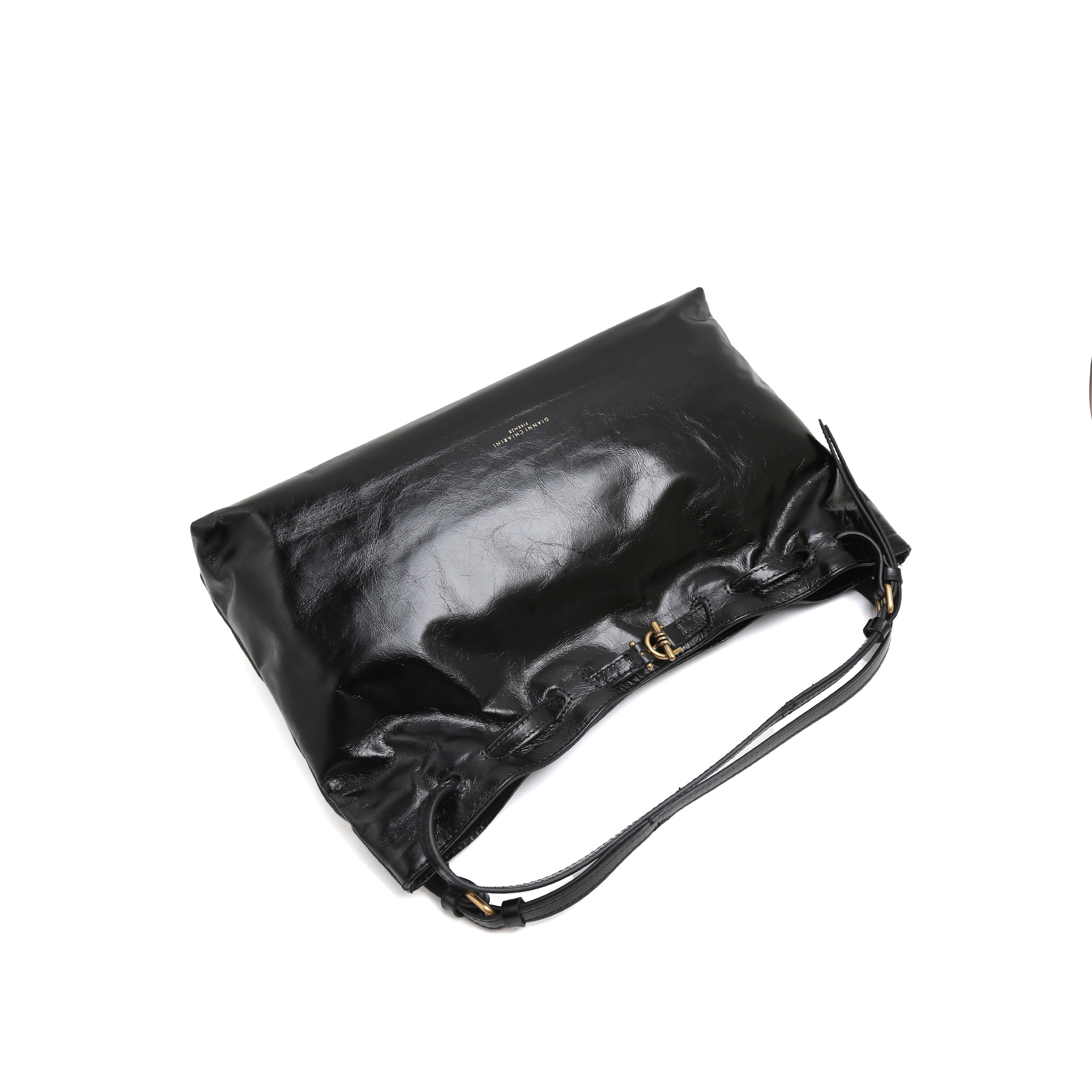[MIMI] Black Leather Drawstring Shoulder Bag with Buckle Detail