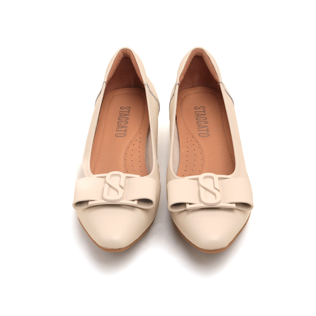 Beige ST Bow Mono Leather Pumps