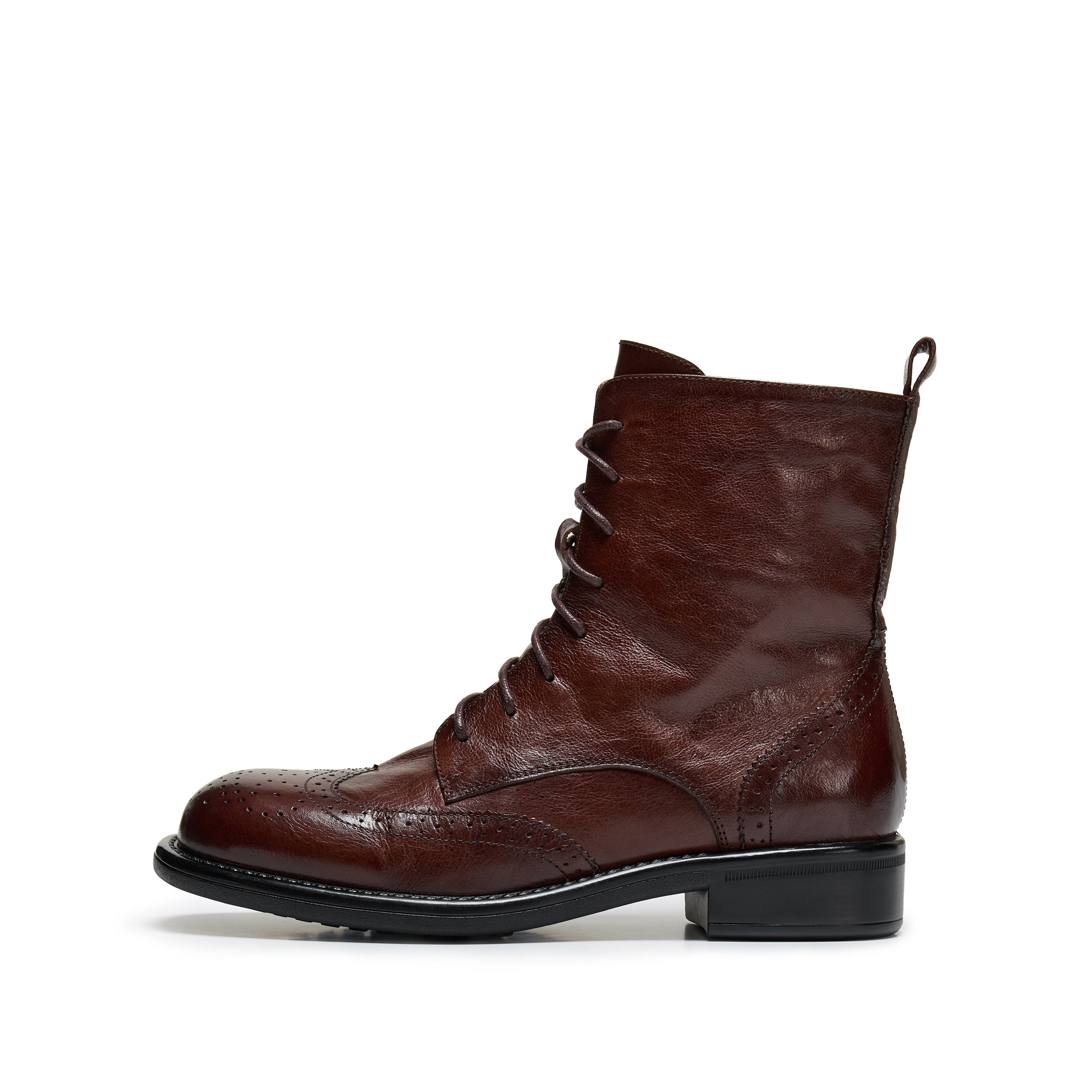 Brown Leather Wingtip Brogue Lace-Up Ankle Boots