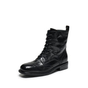 Black Leather Wingtip Brogue Lace-Up Ankle Boots