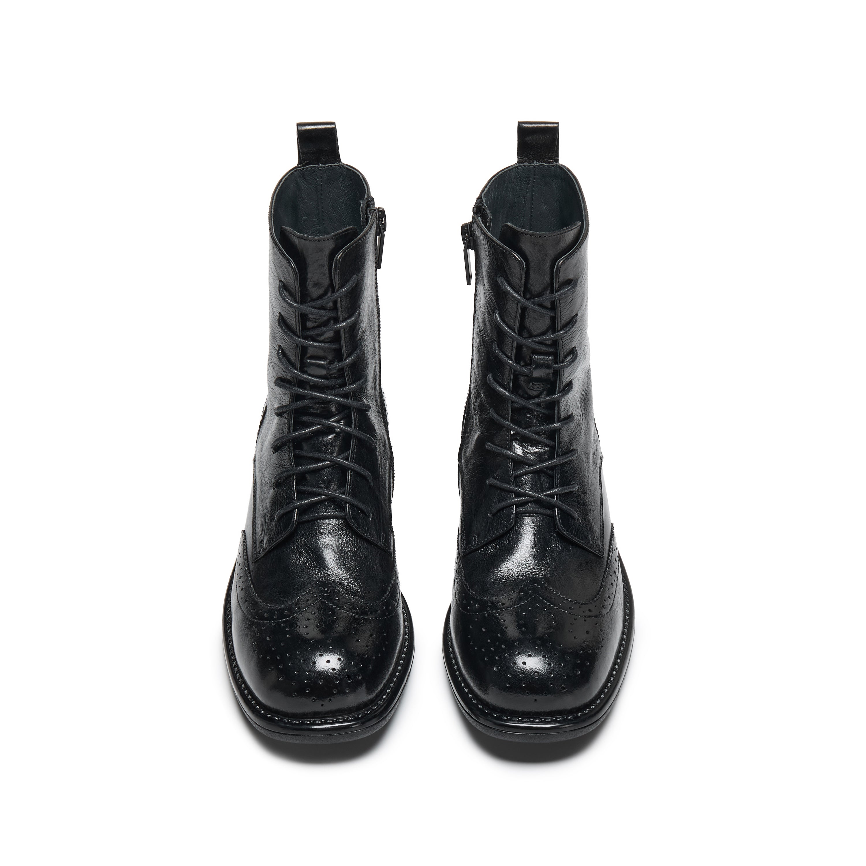 Black Leather Wingtip Brogue Lace-Up Ankle Boots