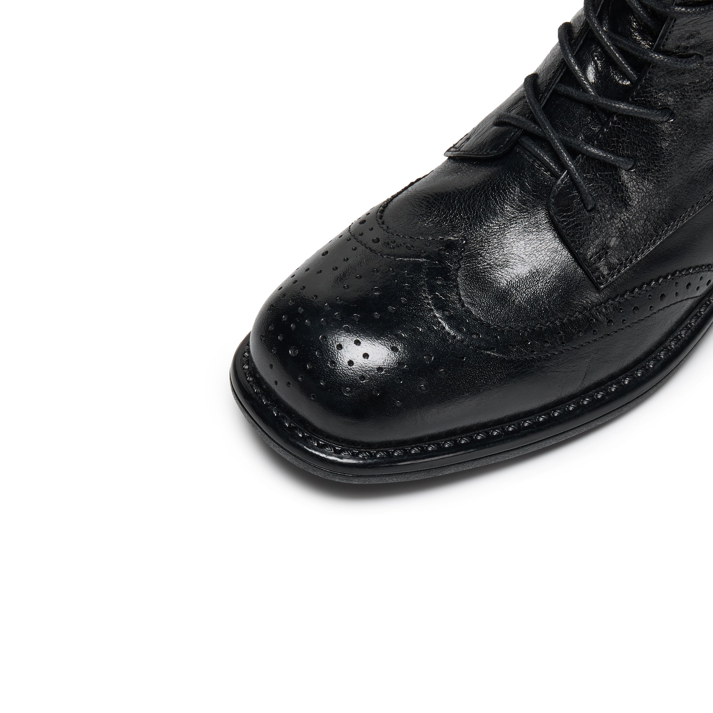Black Leather Wingtip Brogue Lace-Up Ankle Boots